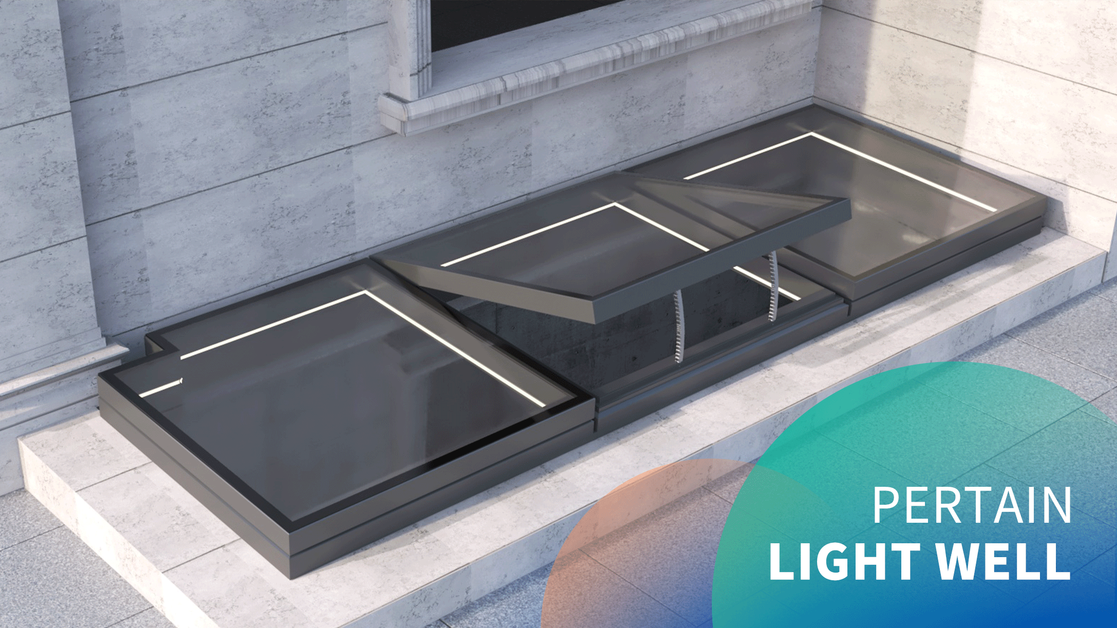 Motorized light well extremely narrow hidden frame skylight